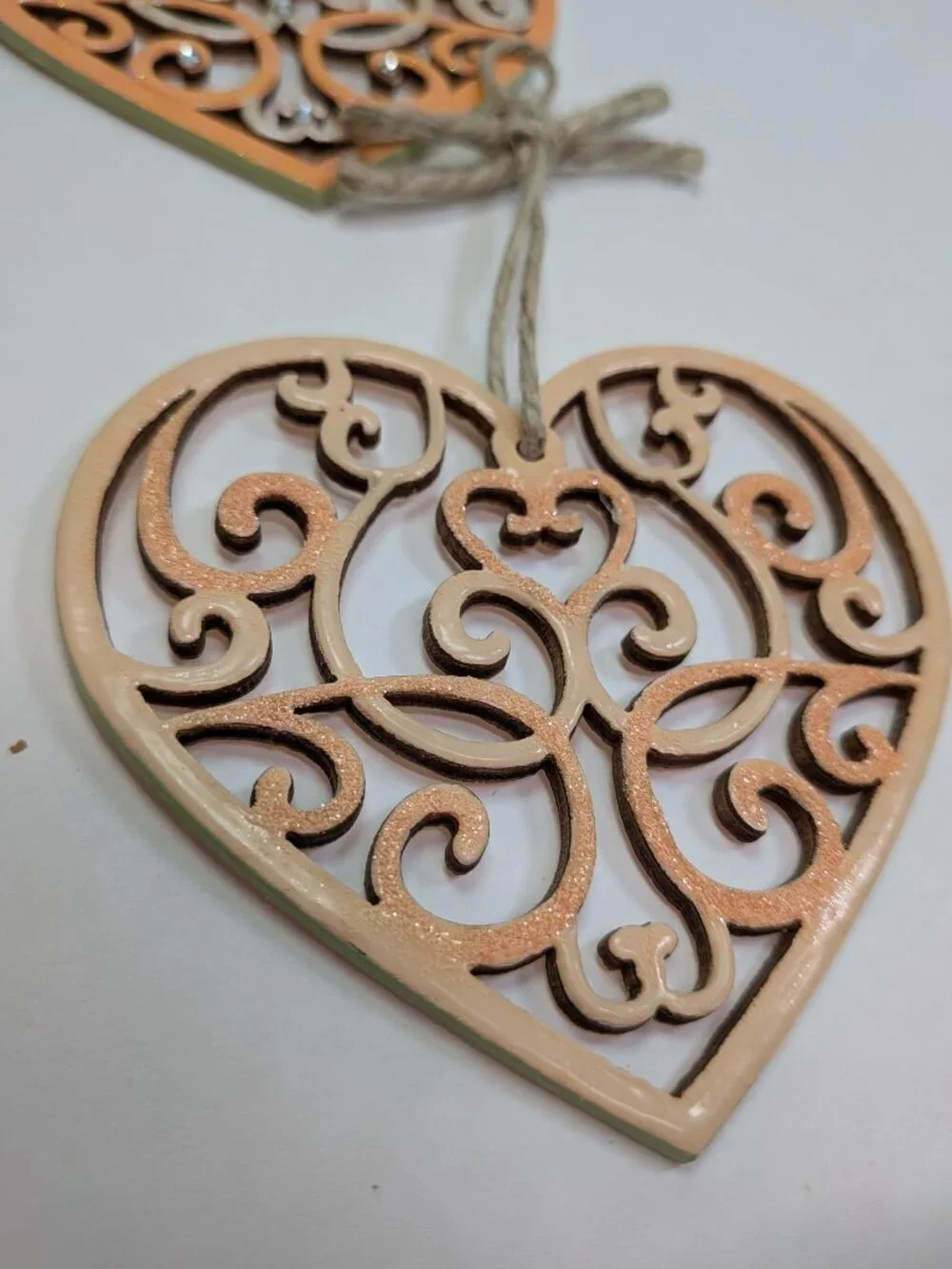 Handcrafted Wood Heart Ornament Set 7pc Laser Cut Fretwork & Key To My Heart